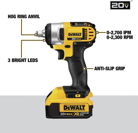 DEWALT 20V MAX* Cordless Impact Wrench Kit with Hog Ring, 1/2-Inch (DCF880HM2), Yellow