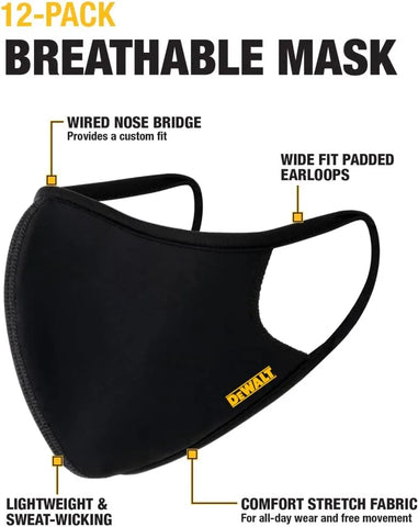 DEWALT Cooling Black Face Masks, Adjustable Fit & Neck Strap, Breathable Reusable Moisture Wicking, Nose Wire & Ear Adjusters