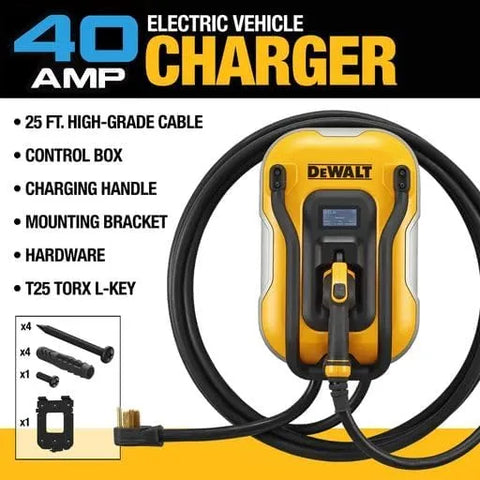 DEWALT Electric Vehicle Level 2 EV Charger up to 40 Amps 240V, App Control Bluetooth & Wi-Fi, CSA Certified Indoor/Outdoor NEMA 14-50 Plug Wall Mounted Charging Station with 25 ft. Cable
