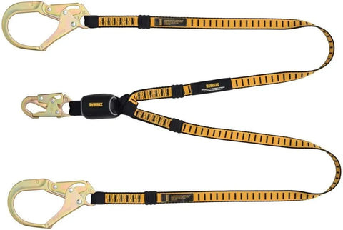DEWALT 6 Ft. Lanyard, Twin, External Absorber, with Steel Snap Hooks on D-Ring End and Steel Rebar Hook on Anchor End