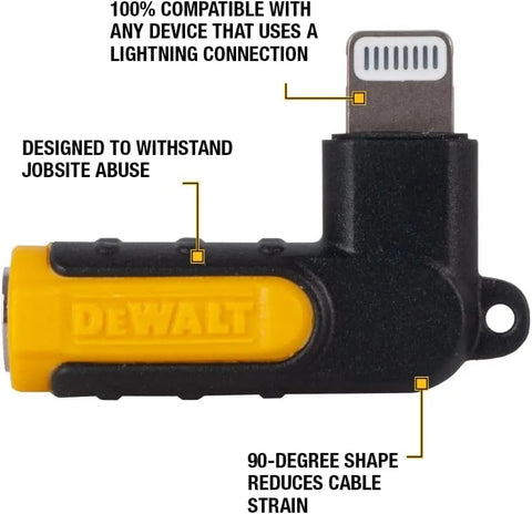 DEWALT Heavy Duty 3.5mm to Lightning Adapter, 90Degree L Connector Female to 3.5mm Male Headphone Jack Adapter for iPhone, Compatible Lightning to 3.5 mm Headphone Jack Adapters, Adapts Legacy Devices