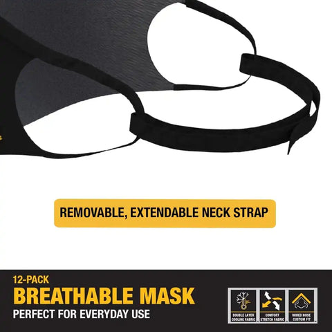 DEWALT Cooling Black Face Masks, Adjustable Fit & Neck Strap, Breathable Reusable Moisture Wicking, Nose Wire & Ear Adjusters