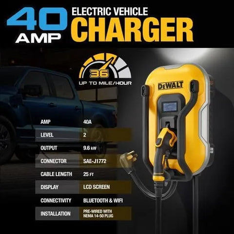 DEWALT Electric Vehicle Level 2 EV Charger up to 40 Amps 240V, App Control Bluetooth & Wi-Fi, CSA Certified Indoor/Outdoor NEMA 14-50 Plug Wall Mounted Charging Station with 25 ft. Cable