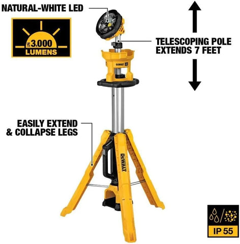 DEWALT 20V MAX LED Work Light with Stand, Tripod Light, 3000 Lumens of Brightness with 3 Modes, Tool Only (DCL079B)