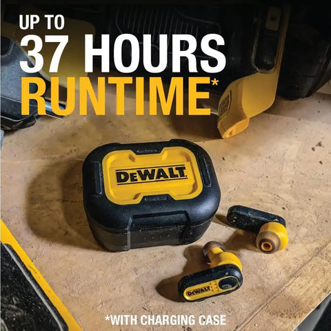 DEWALT Heavy Duty True Wireless Ear Buds, Bluetooth Headphones with Type C Charging Case Included, Over 37 Hours of Battery Life, Easy Setup for iPhone, Perfect for Jobsite, Outdoor Work, Yellow