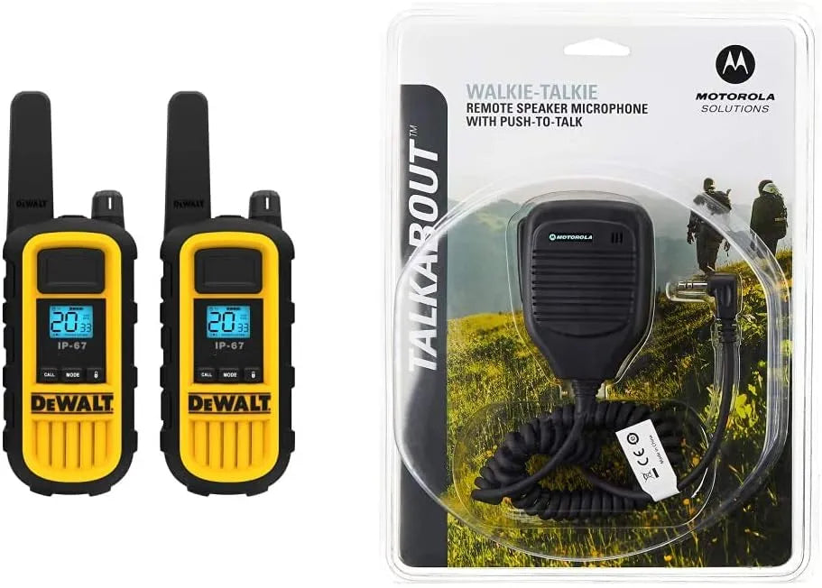 DEWALT DXFRS800 2 Watt Heavy Duty Walkie Talkies - Waterproof, Shock Resistant, Long Range & Rechargeable Two-Way Radio with VOX (2 Pack) & Motorola 53724 Remote Speaker Microphone (Black)