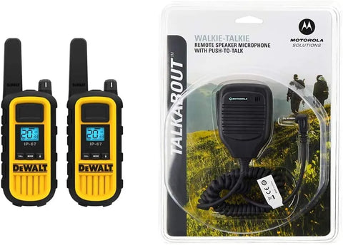 DEWALT DXFRS800 2 Watt Heavy Duty Walkie Talkies - Waterproof, Shock Resistant, Long Range & Rechargeable Two-Way Radio with VOX (2 Pack) & Motorola 53724 Remote Speaker Microphone (Black)