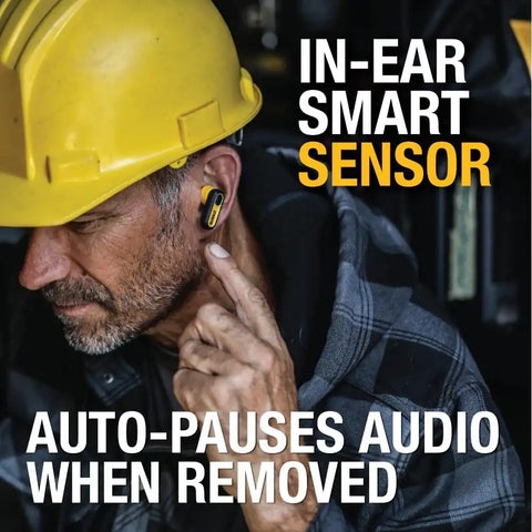 DEWALT Heavy Duty True Wireless Ear Buds, Bluetooth Headphones with Type C Charging Case Included, Over 37 Hours of Battery Life, Easy Setup for iPhone, Perfect for Jobsite, Outdoor Work, Yellow