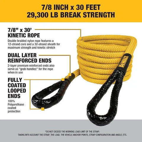 DEWALT DXBC90006 Black/Yellow 7/8" x 30' Heavy Duty Kinetic Tow Rope Recovery Kit with 2 Soft Shackles (29,300 lb Break Strength)