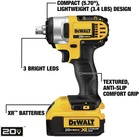 DEWALT DCF880M2 20-volt MAX Lithium Ion 1/2-Inch Impact Wrench Kit with Detent Pin, Yellow
