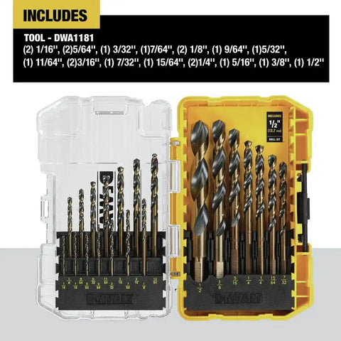DEWALT Drill Bit Set, 21 Pc High Speed Steel DEWALT Bits, Black and Gold Oxide Coated, 135 Degree Split Point, 31 Degree Helix (DWA1181)