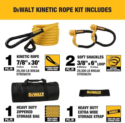 DEWALT DXBC90006 Black/Yellow 7/8" x 30' Heavy Duty Kinetic Tow Rope Recovery Kit with 2 Soft Shackles (29,300 lb Break Strength)