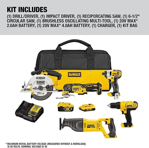 DEWALT Tools 5 Tool Power Tool Combo Kit, Cordless Drill Impact Driver Saw Oscillating Multi-tool Set with 20V MAX Battery and Charger (DCK551D1M1)