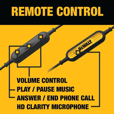 DEWALT Heavy Duty Wired Earphones with Microphone, Jobsite Earbuds Wired 3.5mm, Water-Resistant 3.5mm Earbuds with Mic, Connected Headphones for Outdoor Work