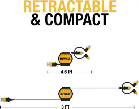 DEWALT Heavy Duty 3 in 1 Retractable Multi Charging Cord, 3ft Fast Charger Cord, Multi Charger Adapter with Lightning/Type C/Micro USB Port for iPhones/Samsung Galaxy/PS/Tablets/More