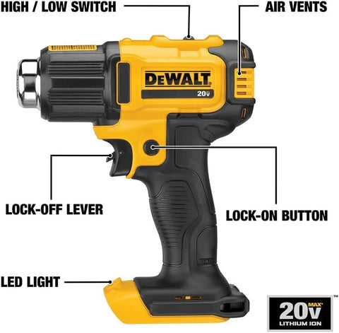 DEWALT 20V MAX Heat Gun, Cordless, Up to 990 Degrees, 42 Minutes of Run Time, LED Light, Heatgun with Flat and Hook Nozzle Attachments,Tool Only (DCE530B)