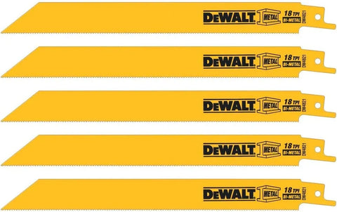 DEWALT Reciprocating Saw Blades, Straight Back, Bi-Metal, 8-Inch, 18 TPI, 5-Pack (DW4821)