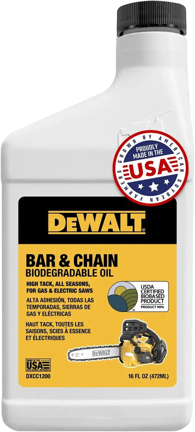 DEWALT – Biodegradable Bar & Chain Oil – Green, Eco-Friendly, Non-Toxic Professional Bar & Chainsaw Lubricant – Ultraclean All-Season Oil for Gas, Electric Saw, and Pole Saw, 16 oz