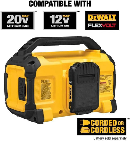 DEWALT 20V MAX Bluetooth Speaker, 100 ft Range, Durable for Jobsites, Phone Holder Included, Lasts 8-10 Hours with Single Charge (DCR010), Black Yellow