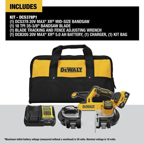 DEWALT 20V MAX XR Bandsaw, Brushless Motor, Portable and Cordless, 3-3/8 Inch Cut Capacity, 5Ah Battery and Charger Included (DCS378P1)