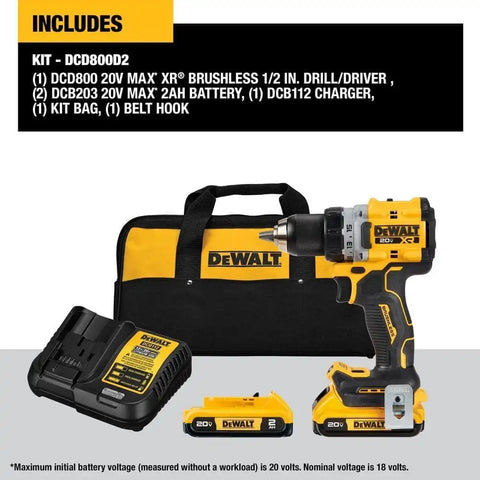 DEWALT 20V MAX XR Cordless Drill/Driver Kit, Brushless, Compact, with 2 Batteries and Charger (DCD800D2)