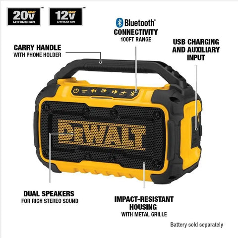 DEWALT 20V MAX Bluetooth Speaker, 100 ft Range, Durable for Jobsites, Phone Holder Included, Lasts 8-10 Hours with Single Charge (DCR010), Black Yellow