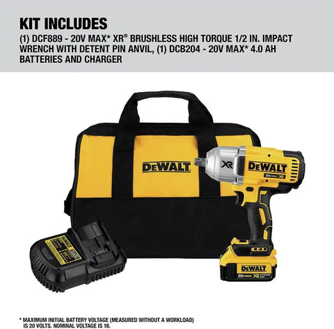 DEWALT 20V Max XR Impact Wrench Kit, Brushless, High Torque, Detent Pin Anvil, 1/2-Inch, Cordless (DCF899M1)