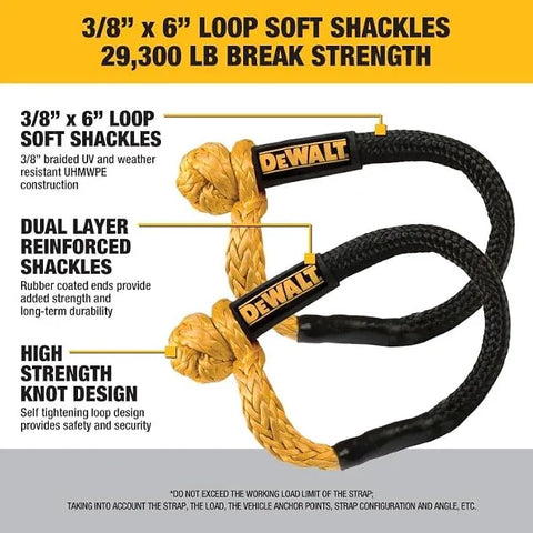 DEWALT DXBC90006 Black/Yellow 7/8" x 30' Heavy Duty Kinetic Tow Rope Recovery Kit with 2 Soft Shackles (29,300 lb Break Strength)
