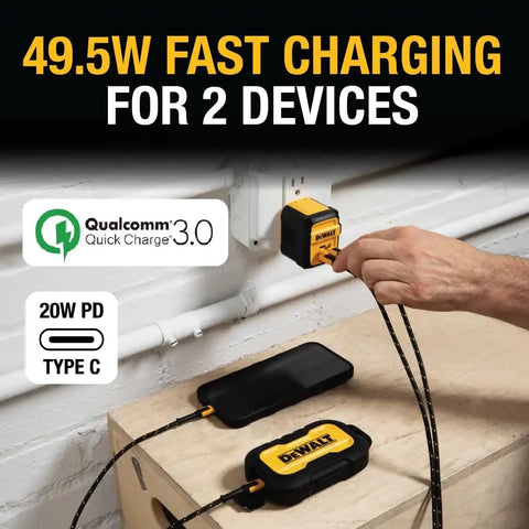 DEWALT Heavy Duty 49.5W Dual USB & USB C Charger Block (Cable Not Included), USBC Power Adapter, 2 Port Compact Foldable Fast Wall Charger for iPhone 17/16/15/14 Galaxy Pixel 4/3 iPad - Black & Yellow