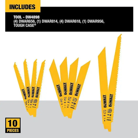 DEWALT Reciprocating Saw Blades, 10 Piece Bi-Metal Combination Set with Case, Various Sizes 6 In to 9 In, Longer Life (DW4898)