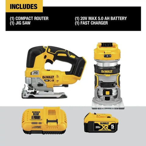DEWALT 20V MAX Router Tool and Jig Saw, Cordless Woodworking 2-Tool Set with Battery and Charger (DCK201P1)