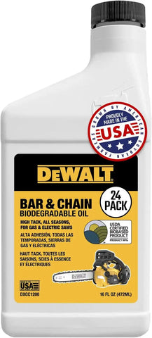 DEWALT – Biodegradable Bar & Chain Oil – Green, Eco-Friendly, Non-Toxic Professional Bar & Chainsaw Lubricant – Ultraclean All-Season Oil for Gas, Electric Saw, & Pole Saw, 16 oz (Case of 24)