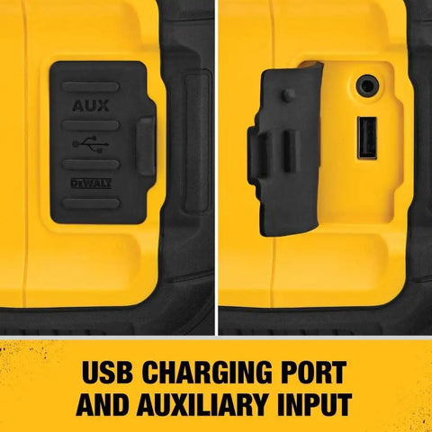 DEWALT 20V MAX Bluetooth Speaker, 100 ft Range, Durable for Jobsites, Phone Holder Included, Lasts 8-10 Hours with Single Charge (DCR010), Black Yellow