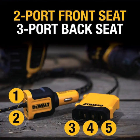 DEWALT Heavy Duty 72W 5 Port USB Car Charger Multiport, iPhone 17 Multi USB Car Charger, Fast Charge PD & QC3.0 Cigarette Lighter Adapter w/ 6FT Cable, Type C Front/Back Charging for Multiple Devices