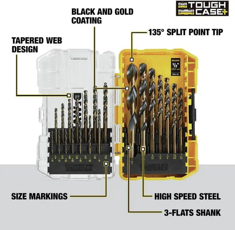 DEWALT Drill Bit Set, 21 Pc High Speed Steel DEWALT Bits, Black and Gold Oxide Coated, 135 Degree Split Point, 31 Degree Helix (DWA1181)