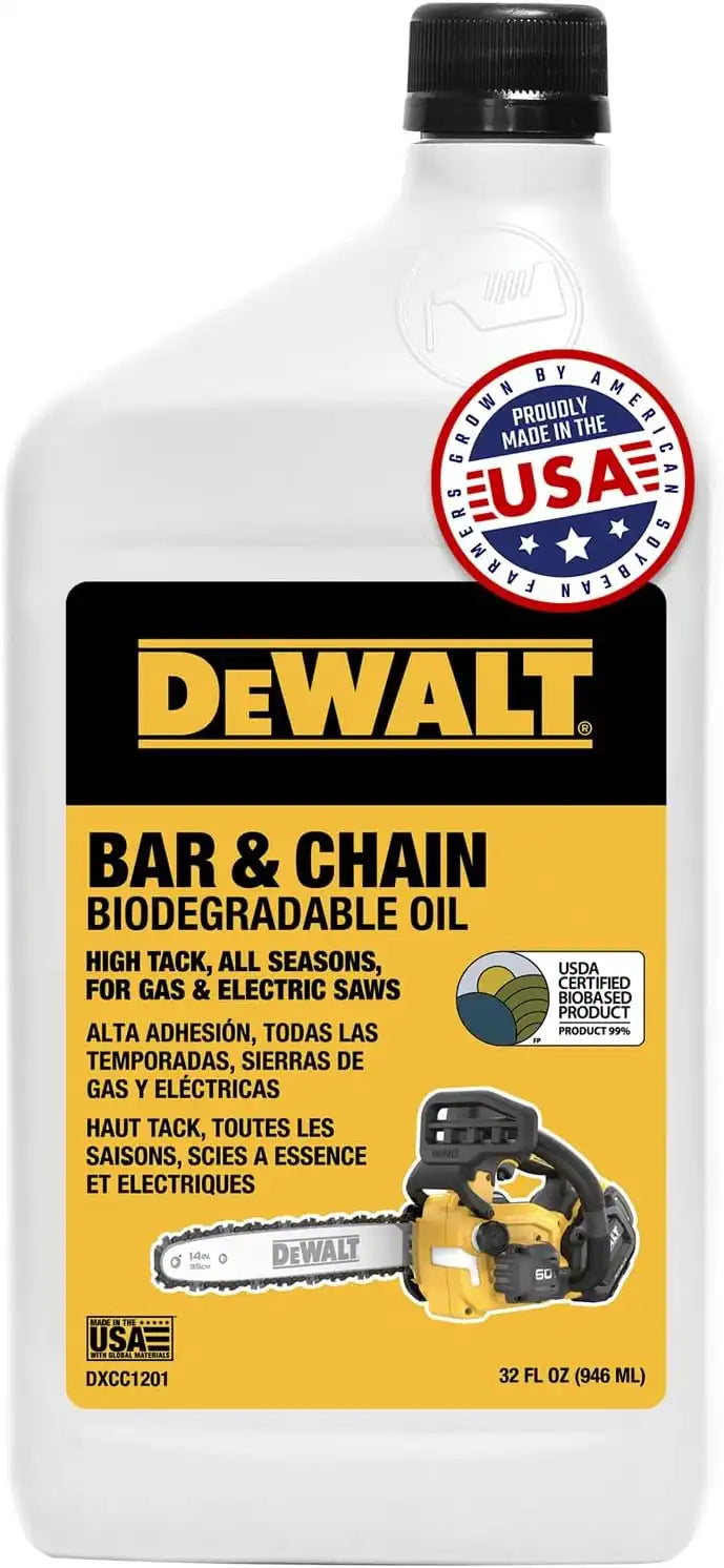 DEWALT – Biodegradable Bar & Chain Oil – Green, Eco-Friendly, Non-Toxic Professional Bar & Chainsaw Lubricant – Ultraclean All-Season Oil for Gas, Electric Saw, and Pole Saw, 32 oz