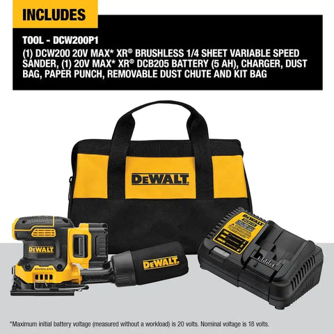DEWALT 20V MAX* XR Palm Sander, Sheet, Variable Speed, 5-Ah Battery, 1/4-Inch (DCW200P1)