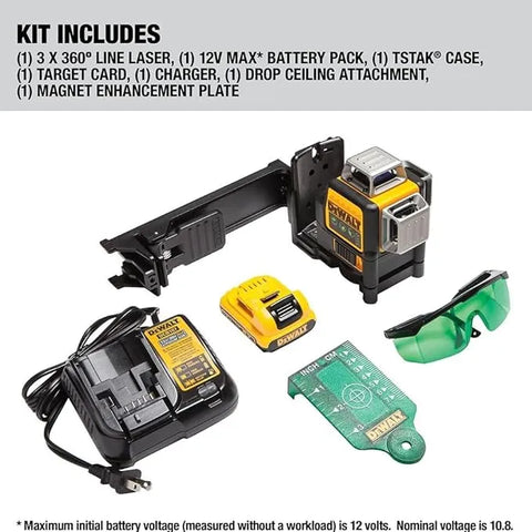 DEWALT Laser Level 360 Self Leveling, 3 Way Green Laser Leveler Tool 12V MAX with 2.0Ah Battery, Charger and Durable Carrying Case, 100 Ft, Tripod Compatible (DW089LG)