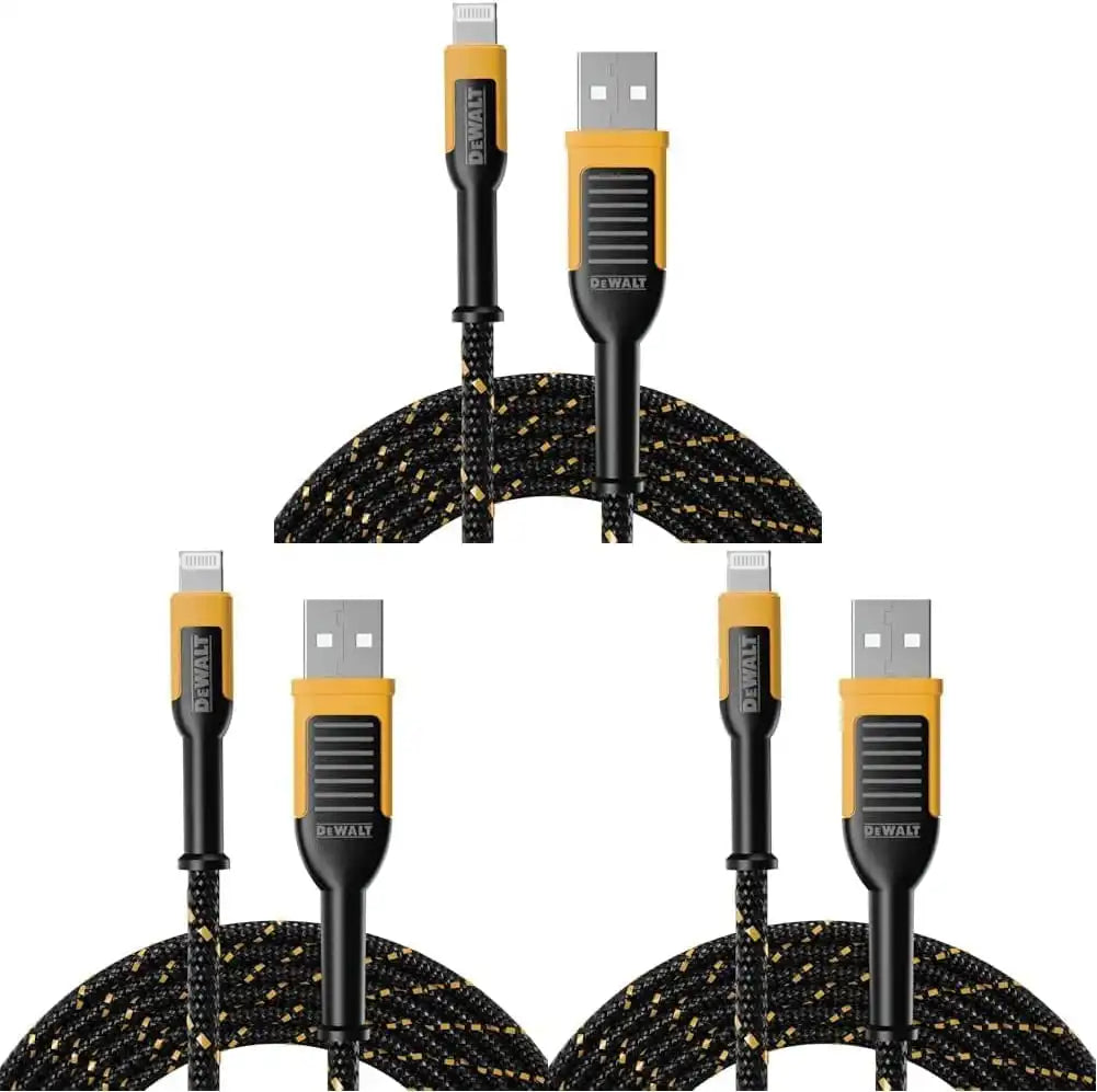 DEWALT Lightning to USB Cable — Reinforced Braided Cable for Lightning — Charger Cord Compatible with iPhone — Apple Compatible Charging Cable — 6 ft (Pack of 3)