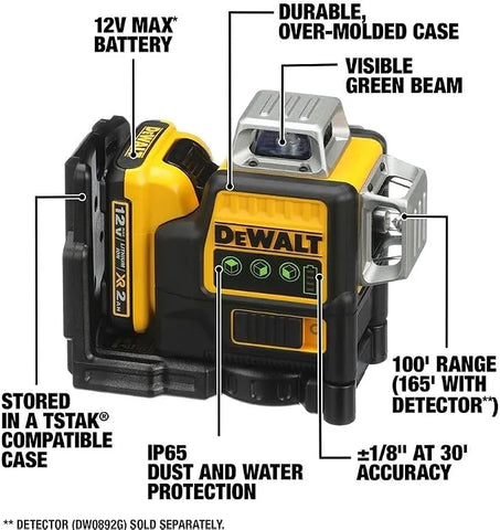 DEWALT Laser Level 360 Self Leveling, 3 Way Green Laser Leveler Tool 12V MAX with 2.0Ah Battery, Charger and Durable Carrying Case, 100 Ft, Tripod Compatible (DW089LG)
