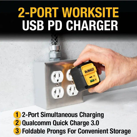 DEWALT Heavy Duty 49.5W Dual USB & USB C Charger Block (Cable Not Included), USBC Power Adapter, 2 Port Compact Foldable Fast Wall Charger for iPhone 17/16/15/14 Galaxy Pixel 4/3 iPad - Black & Yellow