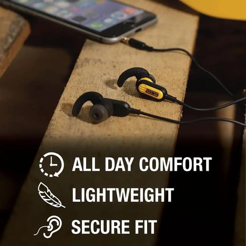 DEWALT Heavy Duty Wired Earphones with Microphone, Jobsite Earbuds Wired 3.5mm, Water-Resistant 3.5mm Earbuds with Mic, Connected Headphones for Outdoor Work