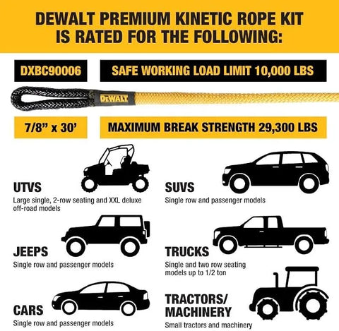 DEWALT DXBC90006 Black/Yellow 7/8" x 30' Heavy Duty Kinetic Tow Rope Recovery Kit with 2 Soft Shackles (29,300 lb Break Strength)