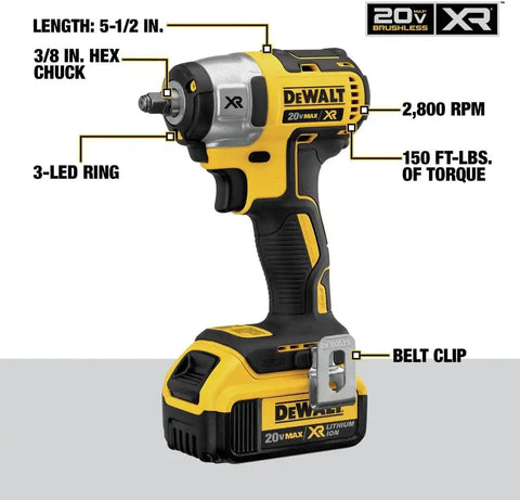 DEWALT 20V MAX XR Cordless Impact Wrench Kit with Hog Ring, 3/8-Inch (DCF890M2)