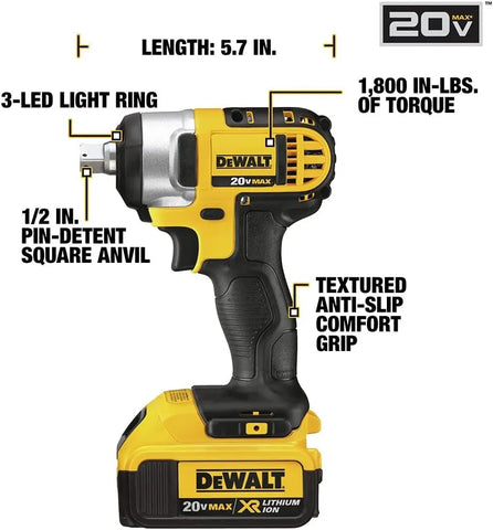 DEWALT DCF880M2 20-volt MAX Lithium Ion 1/2-Inch Impact Wrench Kit with Detent Pin, Yellow