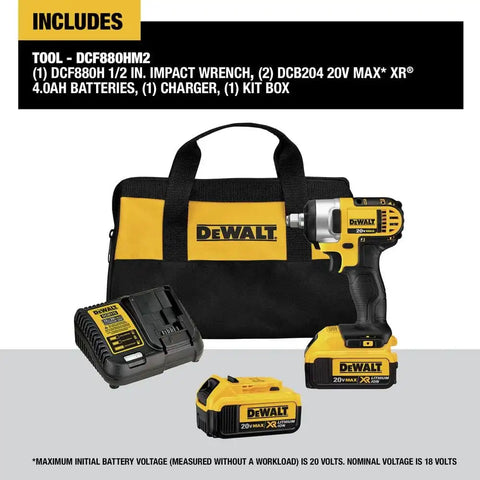DEWALT 20V MAX* Cordless Impact Wrench Kit with Hog Ring, 1/2-Inch (DCF880HM2), Yellow