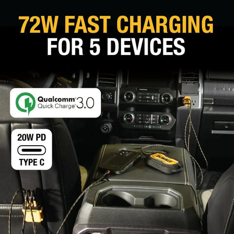 DEWALT Heavy Duty 72W 5 Port USB Car Charger Multiport, iPhone 17 Multi USB Car Charger, Fast Charge PD & QC3.0 Cigarette Lighter Adapter w/ 6FT Cable, Type C Front/Back Charging for Multiple Devices