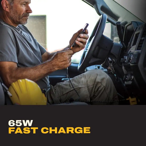 DEWALT 65W PD 3-Port Car Charger – USB-C PPS Fast Charging Adapter for Laptops, Phones & Tablets, Dual USB-C + USB-A Ports, 65W Total Output for Efficient Type C + USB Multi-Device Charging On The Go