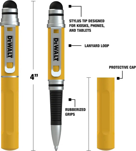 DEWALT Heavy Duty 3-in-1 Mini Stylus Pocket Pen, Tablet Pens for iPad, EDC Touch Screen Pens, Ballpoint w/Touchscreen Tip, Keypad Tip, Compatible iPhone Stylus Pen, Extra Ink Cartridge