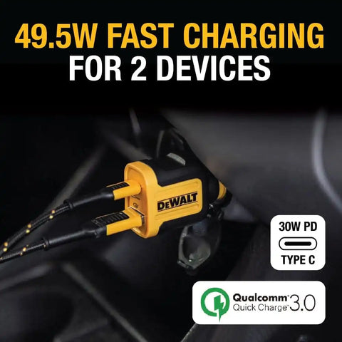 DEWALT Heavy Duty USB + USB C Car Charger Adapter, 49.5W Cigarette Lighter USBA Charger, PD Car Charging Adapter PPS 30W Quick Charge 3.0 Fast Charging for iPhone 17/16/15 Pro Max Samsung Galaxy Pixel